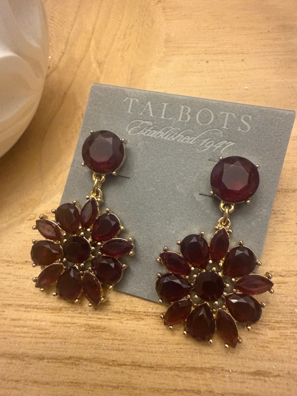 Talbots Gold Tone Stud Cluster Earrings with Maroon Stones